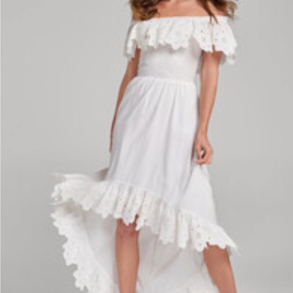Smocked off shoulder white dress with high low hem. - Picture 2 of 2